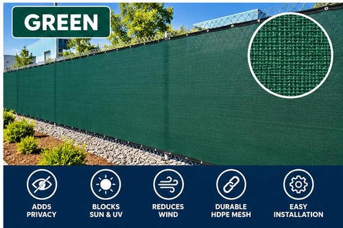 6' X 50' Heavy Duty Green Fence Screen Mesh Tarp. (Finished Size 5'6" x 49'6")