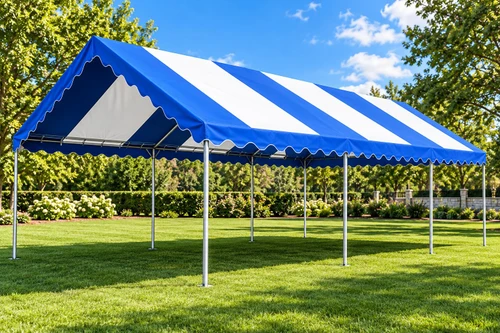 Blue and white 20' x 40' Fiesta replacement canopy cover installed on an 18' x 40' high-peak frame.