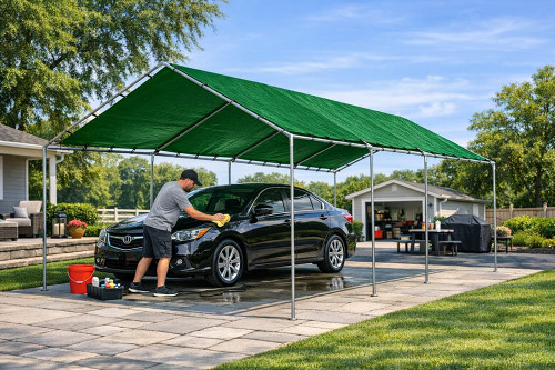 10x24 high peak canopy covering a car while being waxed