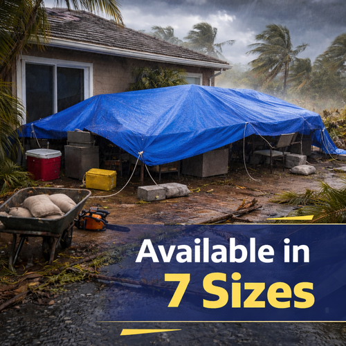 Blue hurricane tarp covering items outside in a storm