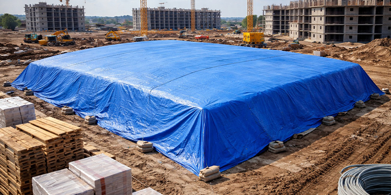 100x100 blue tarp covering large construction materials at a job site