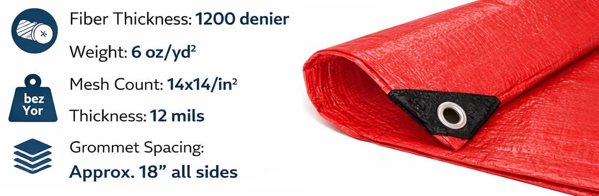 Red heavy-duty poly tarp with reinforced corner grommet and specification callouts for weight, thickness, and grommet spacing