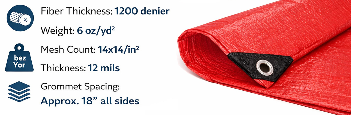 Red heavy-duty poly tarp with reinforced corner grommet and specification callouts for weight, thickness, and grommet spacing