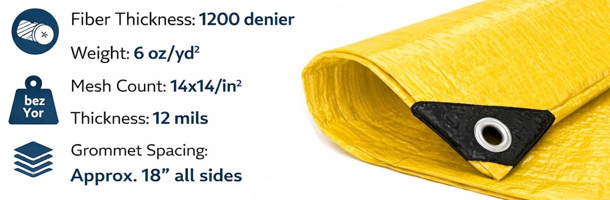 Heavy-duty Yellow poly tarps designed for visibility and outdoor protection. UV-resistant 12 mil construction with reinforced grommets for construction and storage.