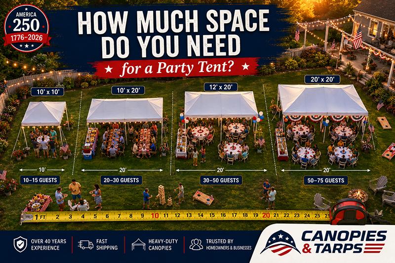 Party tent size guide showing different canopy sizes