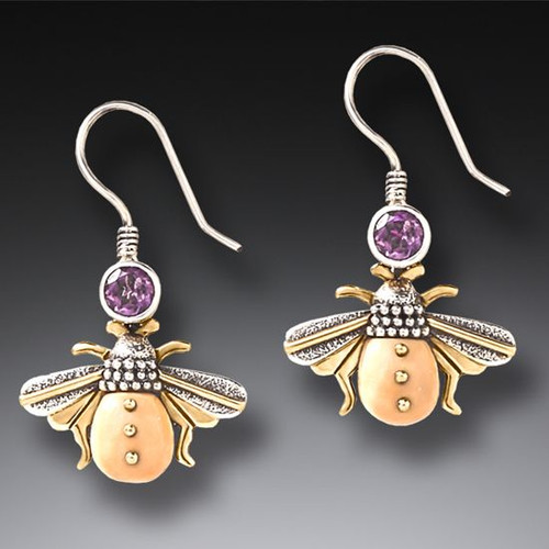 Amethyst Bee Earrings - Fossilized Walrus Ivory