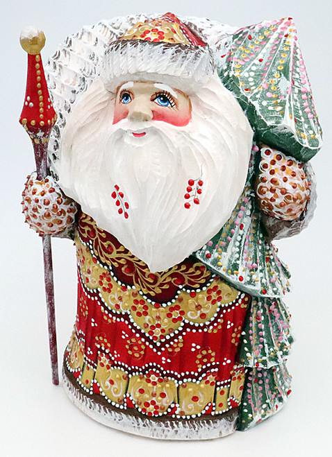 Red and Gold Russian Santa with Large Christmas Tree | Grandfather Frost / Russian Santa Claus 