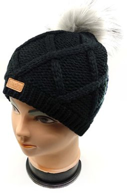 Knitted Hat - Black w/Faux Fur Pom-Pom
