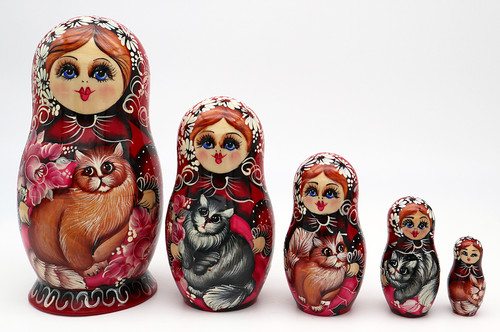 Two Cats Matryoshka 5pc | Fine Art Matryoshka Nesting Doll