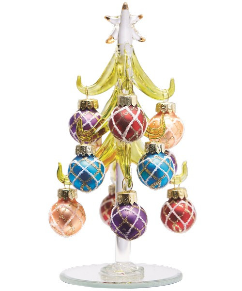 Green Glass Tree with Multi Color Ornaments