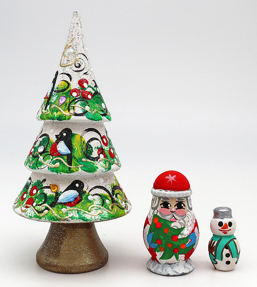 Silver Christmas Tree with Bullfinches - 3 Nest | Matryoshka / Nevalashka Doll