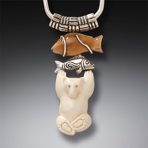 Fossilized Walrus and Mammoth Ivory Polar Bear Pendant - Bear with Fish - Fossilized Mammoth Ivory