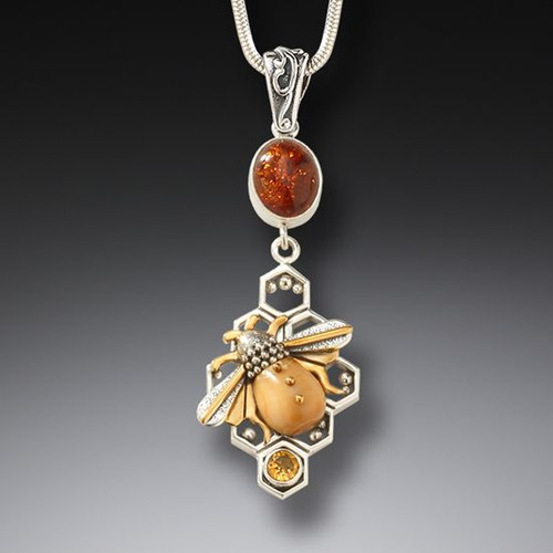 Fossilized Walrus Ivory - Honeycomb Bee Pendant