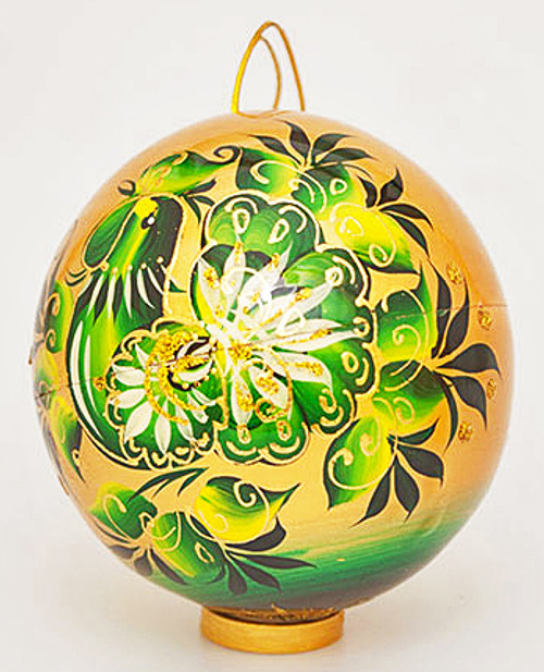 Wooden Ball - Green Rooster | Russian Christmas Ornament