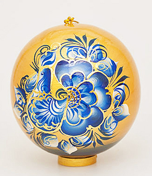 Wooden Ball - Blue Rooster | Russian Christmas Ornament