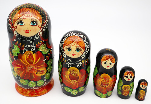 Floral Maiden - Black and Gold | Traditional Matryoshka Nesting Doll