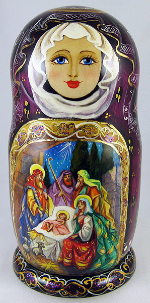 Nativity by Marina Rodionova - Burgundy | Religious Theme Matryoshka Nesting Doll