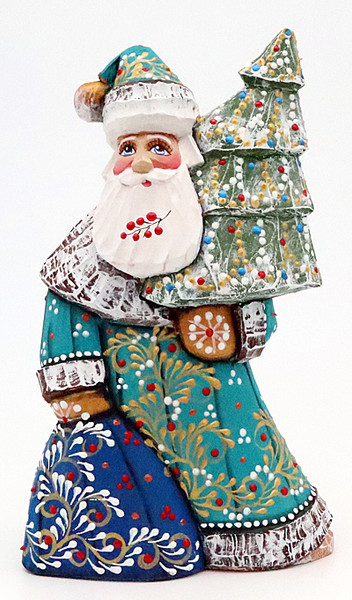 Carved Santa with Blue Bag | Grandfather Frost / Russian Santa Claus