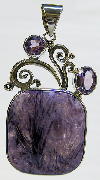 Square Charoite Pendant with Two Amethysts