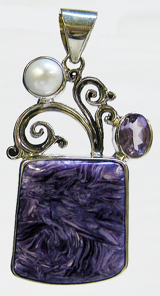 Square Charoite Pendant with Amethyst and Pearl