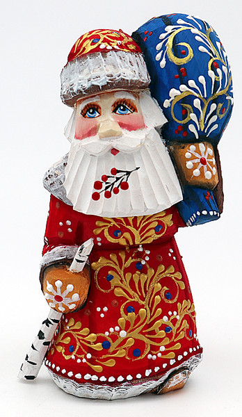 Walking Santa with Birch Staff in Red Coat with Blue Bag | Grandfather Frost / Russian Santa Claus