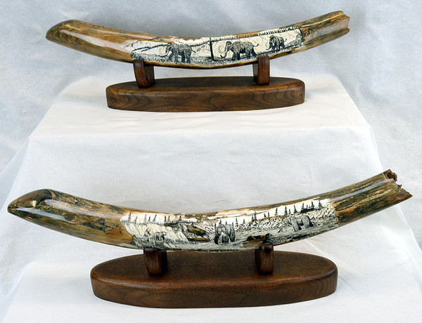 Matched Set mammoth tusks, artwork by George Vukson | Scrimshaw