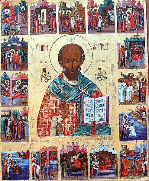 Fine miniaturized detail in each of 16 complex scenes surrounding a central figure of Saint Nicholas set against a gold leaf background. This is a very fine painting with a multitude of figures in rich, vibrant colors. The recessed panel is surrounded by a border containing descriptive titles of each scene in old Cyrillic.