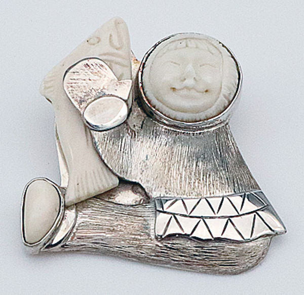 Alaska Boy with Salmon Mammoth Ivory Pin/Pendant