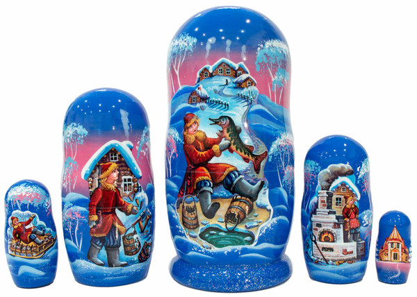 Emelya and Magic Pike Matryoshka 5pc | Traditional Matryoshka Nesting Doll