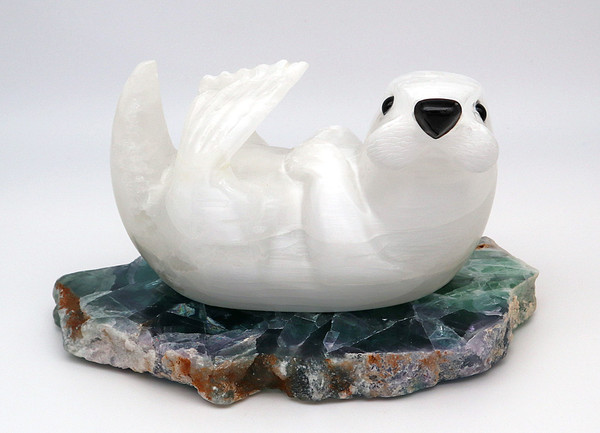 Selenite Otter Sculpture on Fluorite Base | Gemstone Carvings