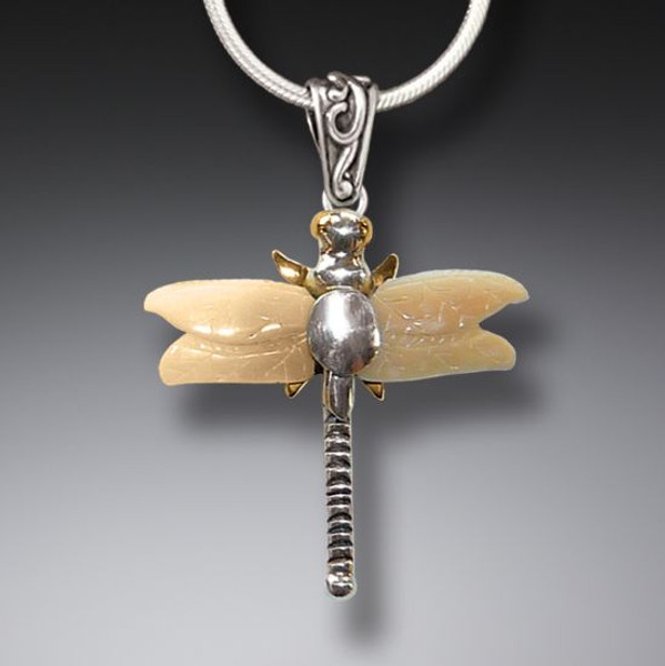 Fossilized Walrus Tusk Ivory Silver Dragonfly Pendant Necklace 