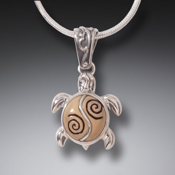 Fossilized Walrus Ivory Baby Turtle Necklace Silver