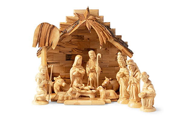 Medium Olive Wood Stable and Nativity set with Traditional Figures