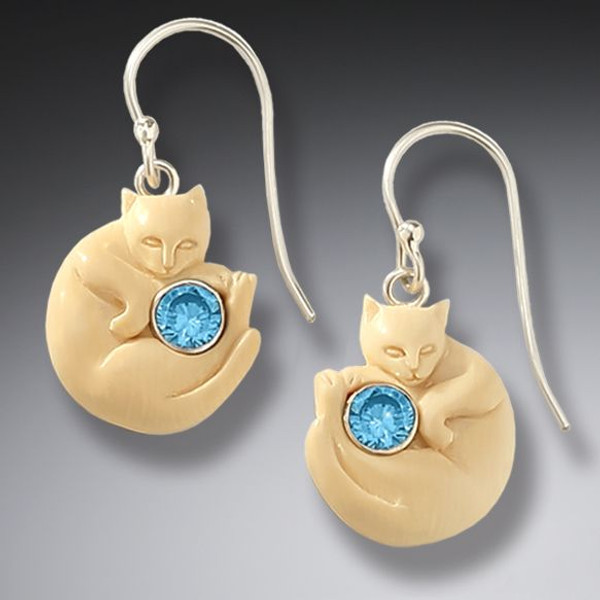 Cat Earrings with Blue Topaz - "Cozy Cats" - Fossilized Mammoth Ivory
