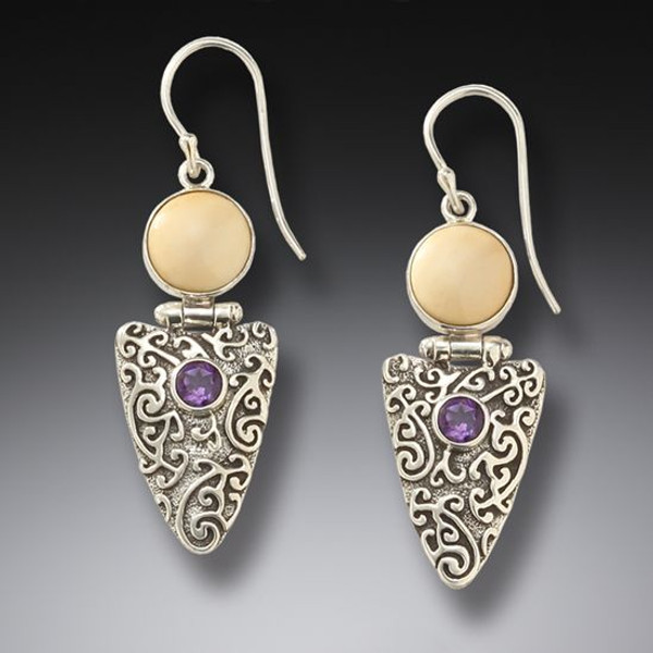 Fossilized Mammoth Ivory and Amethyst - Arrowhead Earrings