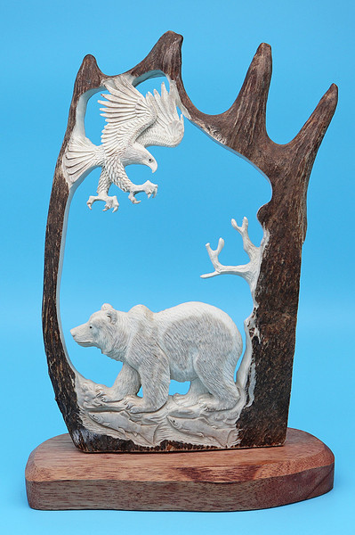 Moose Antler Bear, Salmon and Eagle Scene | Bone and Antler Carvings