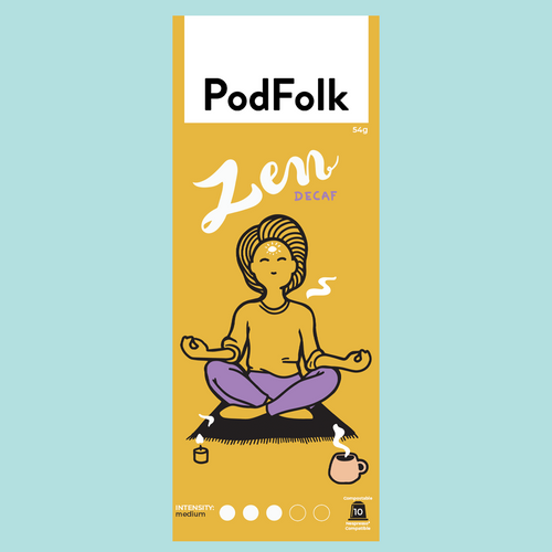 A yellow box of PodFolk Thrive Decaf coffee pods from Colombia, featuring an illustration of a person meditating cross legged on a mat, with a cup of coffee beside them.