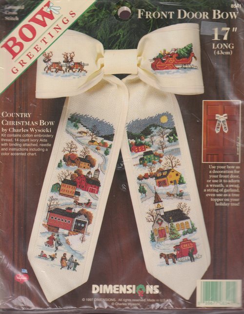 Country Christmas Bow for a door decoration. 17" long It is a Cross Stitch Kit of a Village with snow. by Charles Wysocki. Country Christmas Bow for a door decoration. 17" long It is a Cross Stitch Kit of a Village with snow. by Charles Wysocki.