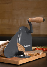 wooden crank handle raised on the Zassenhaus Bread slicer - Grey
