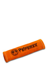 Petromax Aramid Handle Cover HANDLE300 – orange suede leather sleeve for cast-iron skillet handle, shown on a white background.