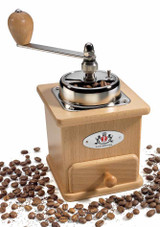 Zassenhaus Brasilia Manual Coffee Grinder – beechwood body, hand-crank burr mill, shown on white background with coffee beans surrounding it. Zassenhaus Brasilia Manual Coffee Grinder – beechwood body, hand-crank burr mill, shown on white background with coffee beans surrounding it.