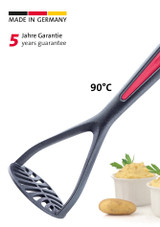 Westmark Gallant Potato Masher –  with Soft-Touch Handle with 5 year warranty text beside some mashed potatoes