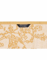 Bunzlau Castle Kitchen Towel VGM Almond Blossom Yellow close  up to the label and the other side of fabric