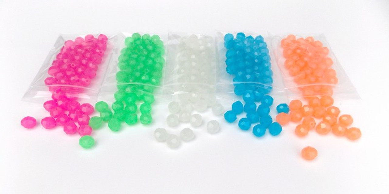 Glow beads available in 5 colors and 4 sizes 