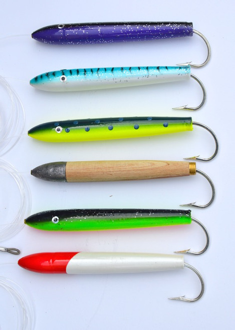 4 Rigged Cedar Plugs Natural Tuna Trolling Fishing Lures - Select qty