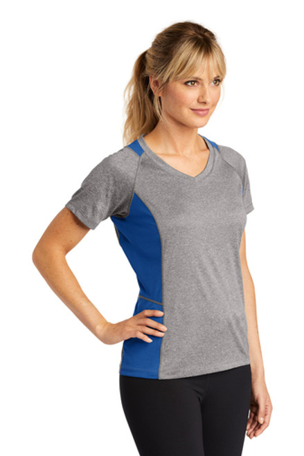 Sport-Tek Ladies Heather Colorblock Contender V-Neck Tee