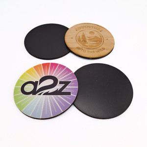 front and back view of wooden printed and engraved round magnetic coasters front and back view of wooden printed and engraved round magnetic coasters