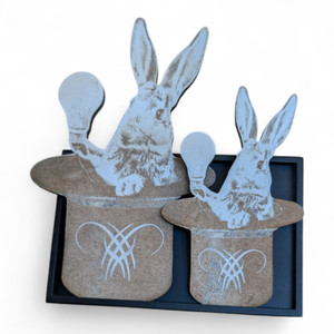 two alternative size options of an Engraved Wooden Eco Magnet in the shape and design of a rabbit in a hat