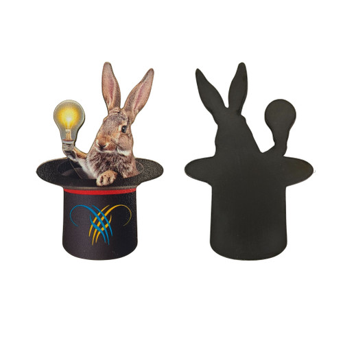 front and back view of seamless sustainable wooden magnet in the design of a rabbit in a top hat holding a lightbulb front and back view of seamless sustainable wooden magnet in the design of a rabbit in a top hat holding a lightbulb