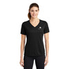 Model is wearing black Sport-Tek® Ladies PosiCharge® RacerMesh® V-Neck Tee Shirt.